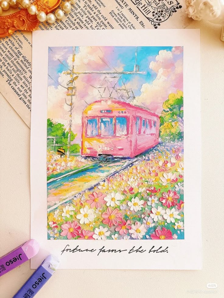 Colorful painting of a pink train on a floral path with a blue sky and fluffy clouds in the background.